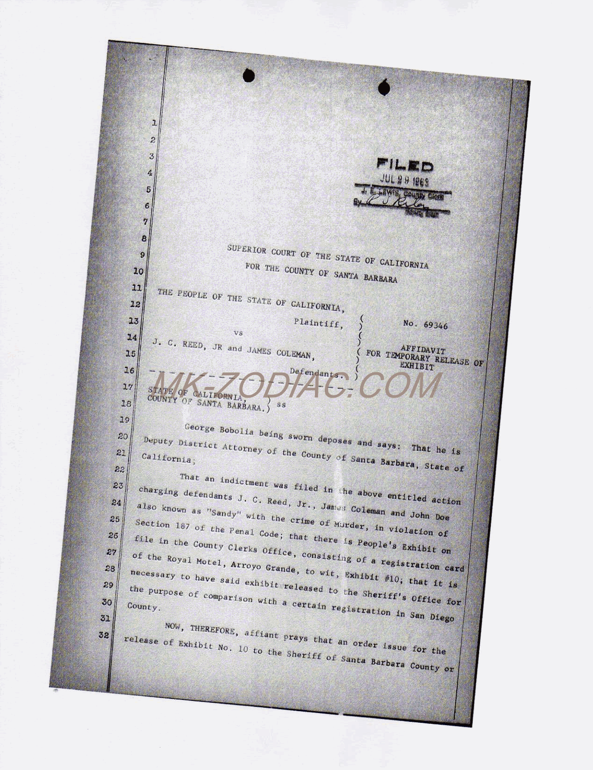 affidavit for temporary release of Exhibit #10 - page 1