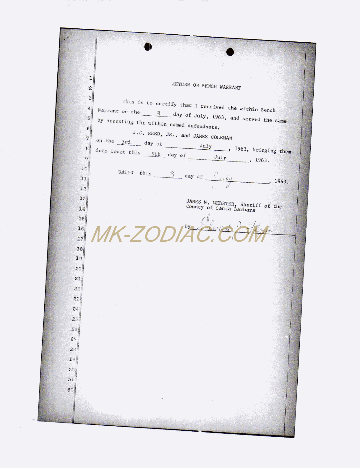 return on bench warrant for J. C. Reed, Jr. and James Coleman
